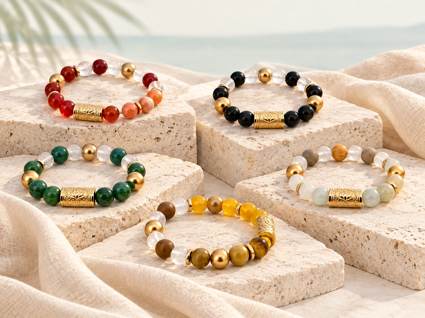 Five bracelet designs in a tropical coastal editorial setting