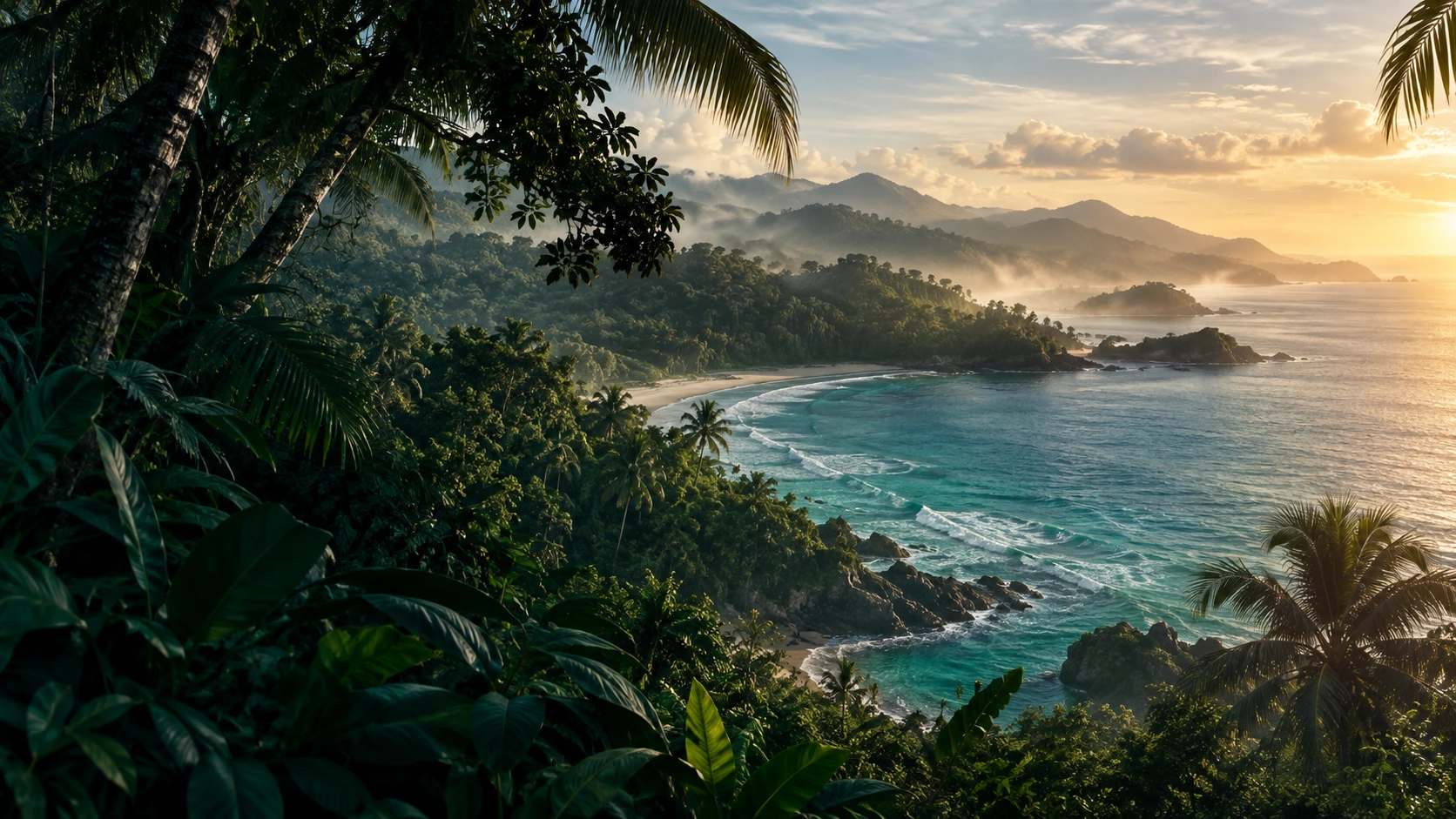 Golden light over a lush tropical coast