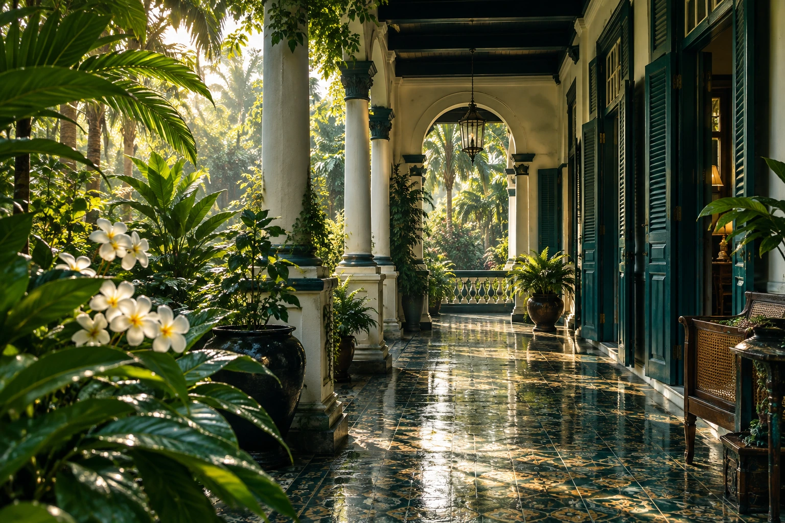 An imagined Nanyang courtyard in warm tropical light