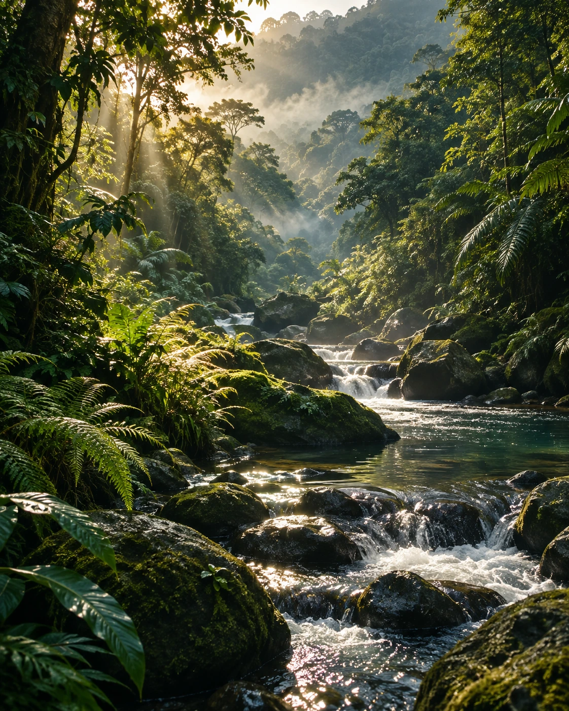 Sunlight filtering through a tropical rainforest
