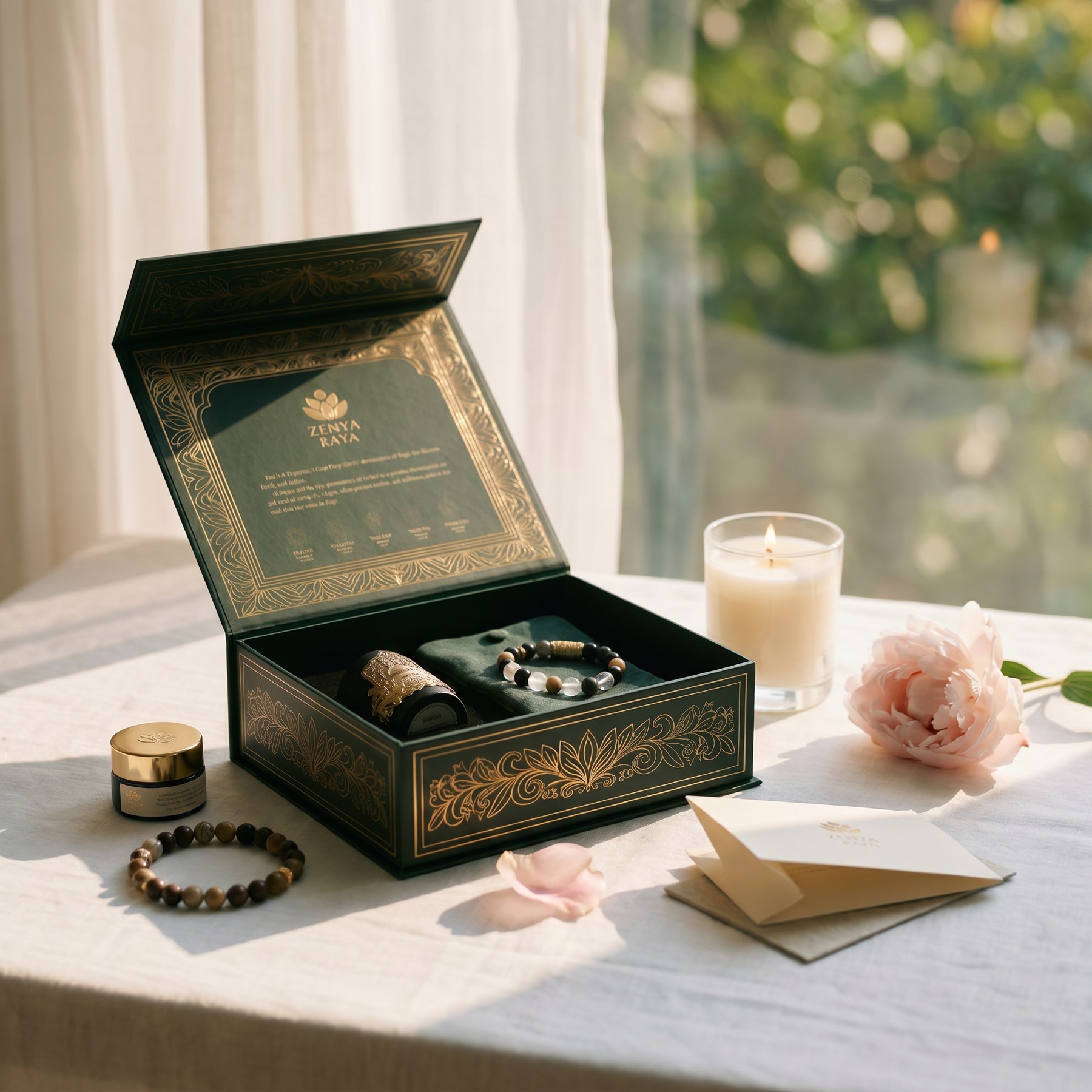 An opened incense gift by the window, with its envelope and flowers