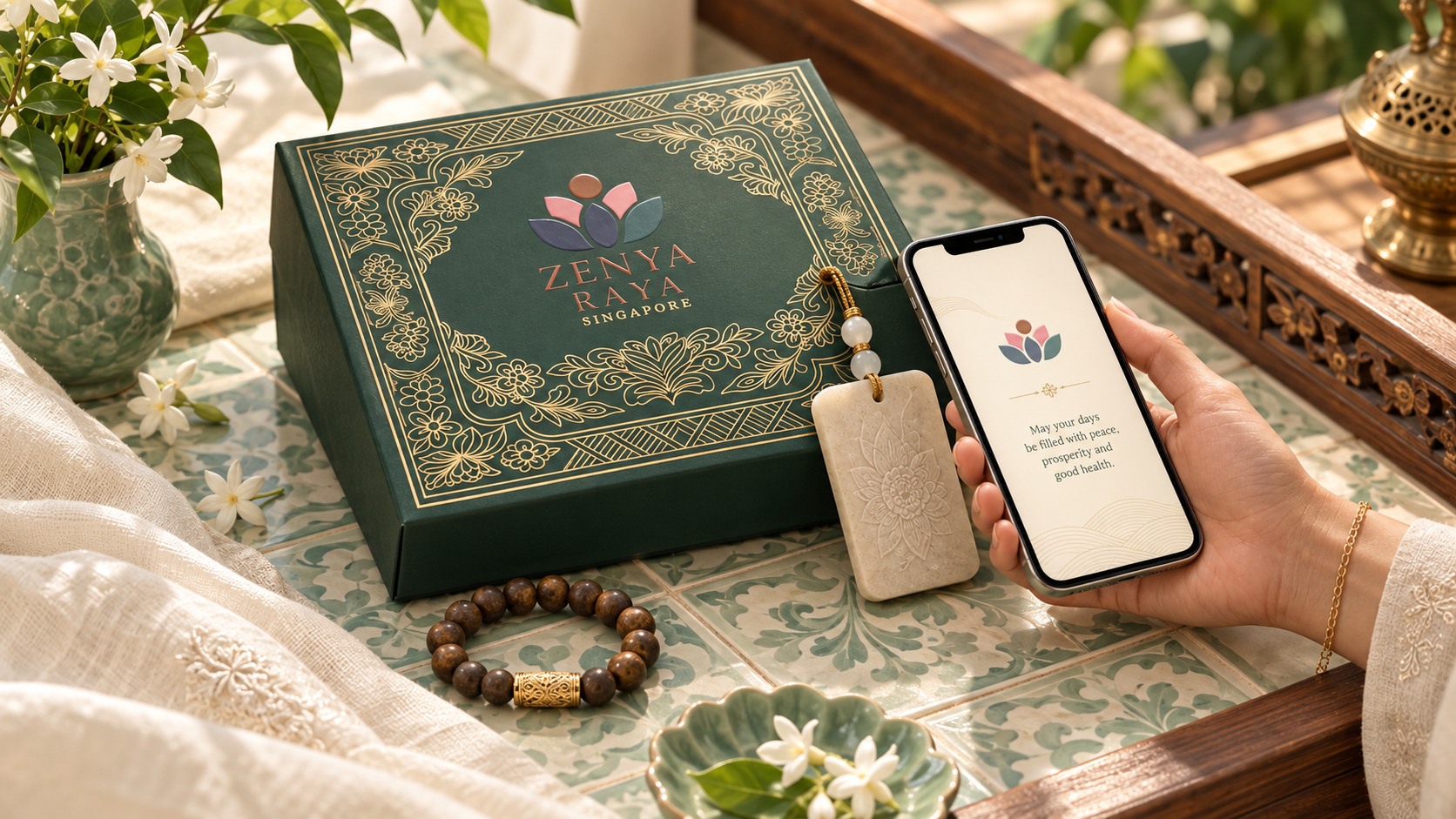 Nanyang tile scene: a phone held near the card’s NFC, opening the personal page
