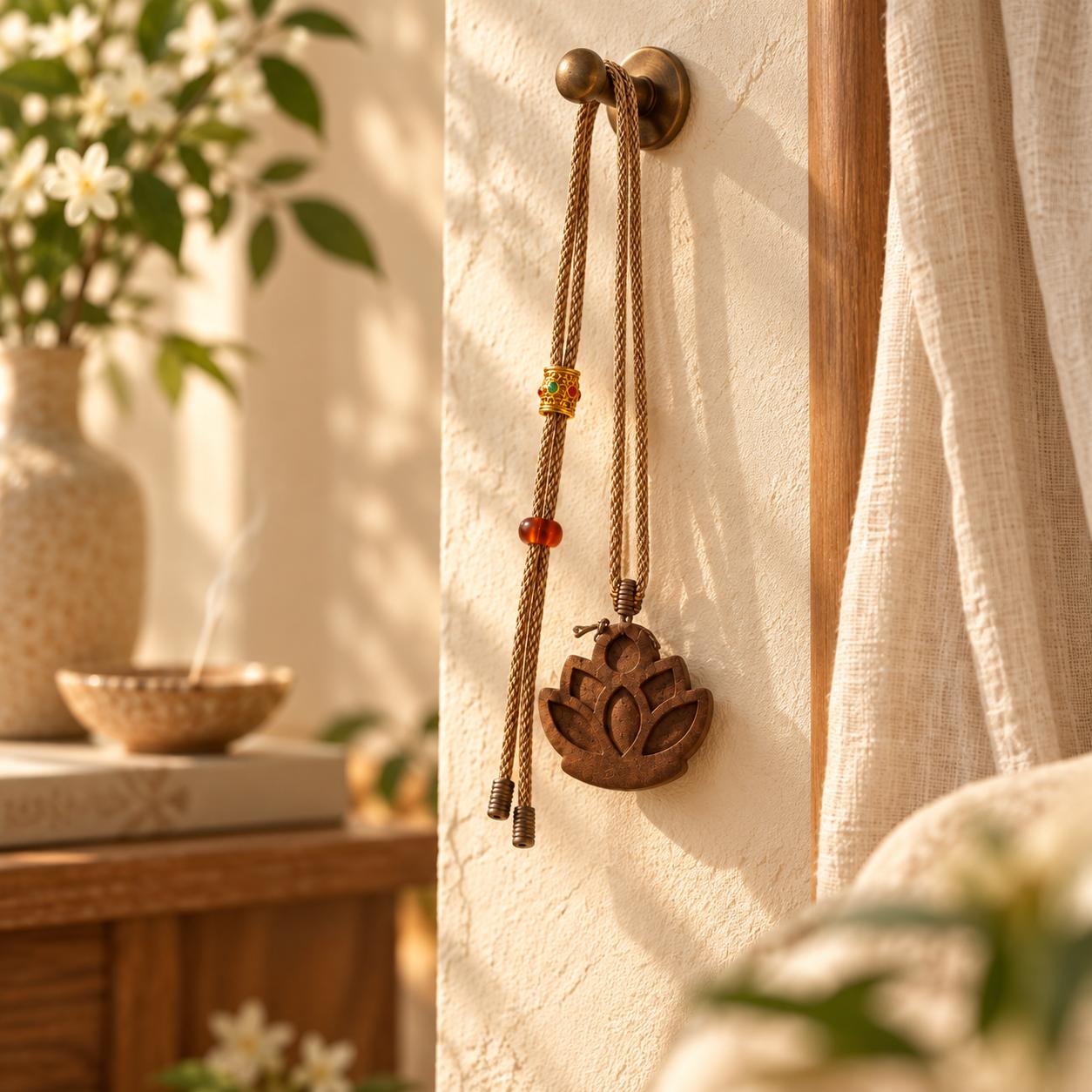 A lotus incense pendant hanging in its setting