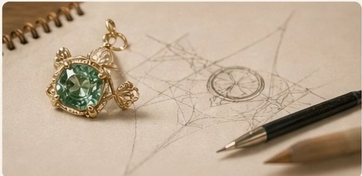 Artisan selecting a green gemstone above a jewellery drawing