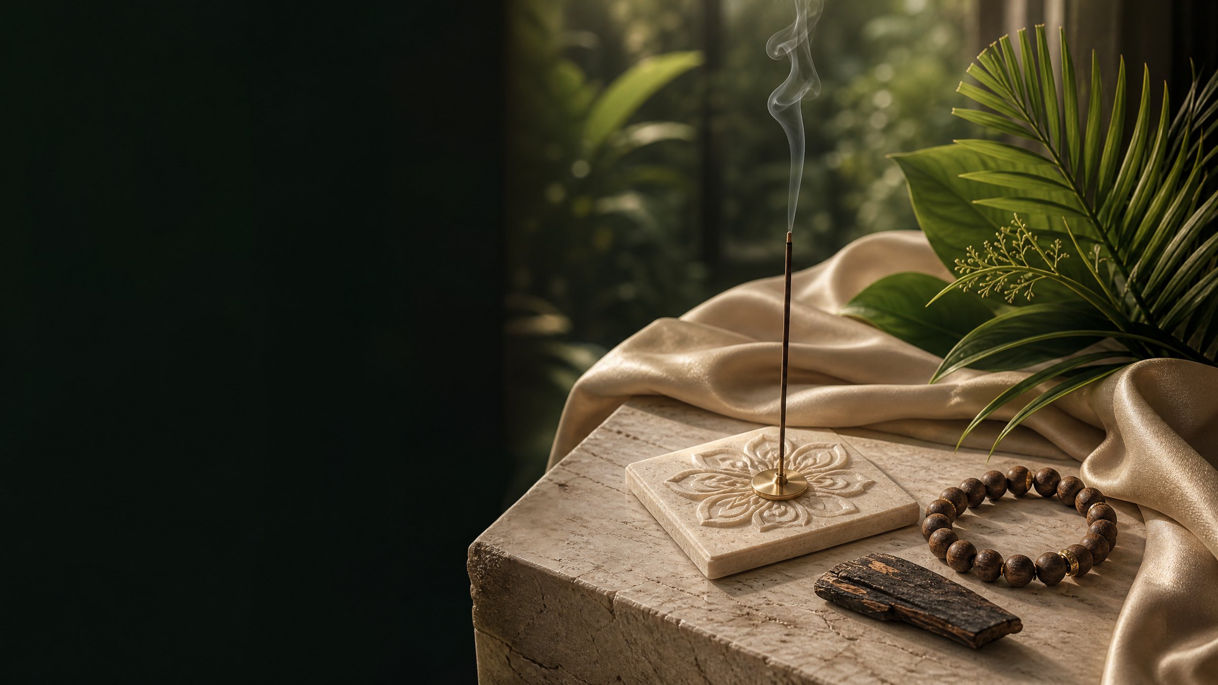 Incense stick, aromatic wood, scent plaque and beads on warm stone and silk.