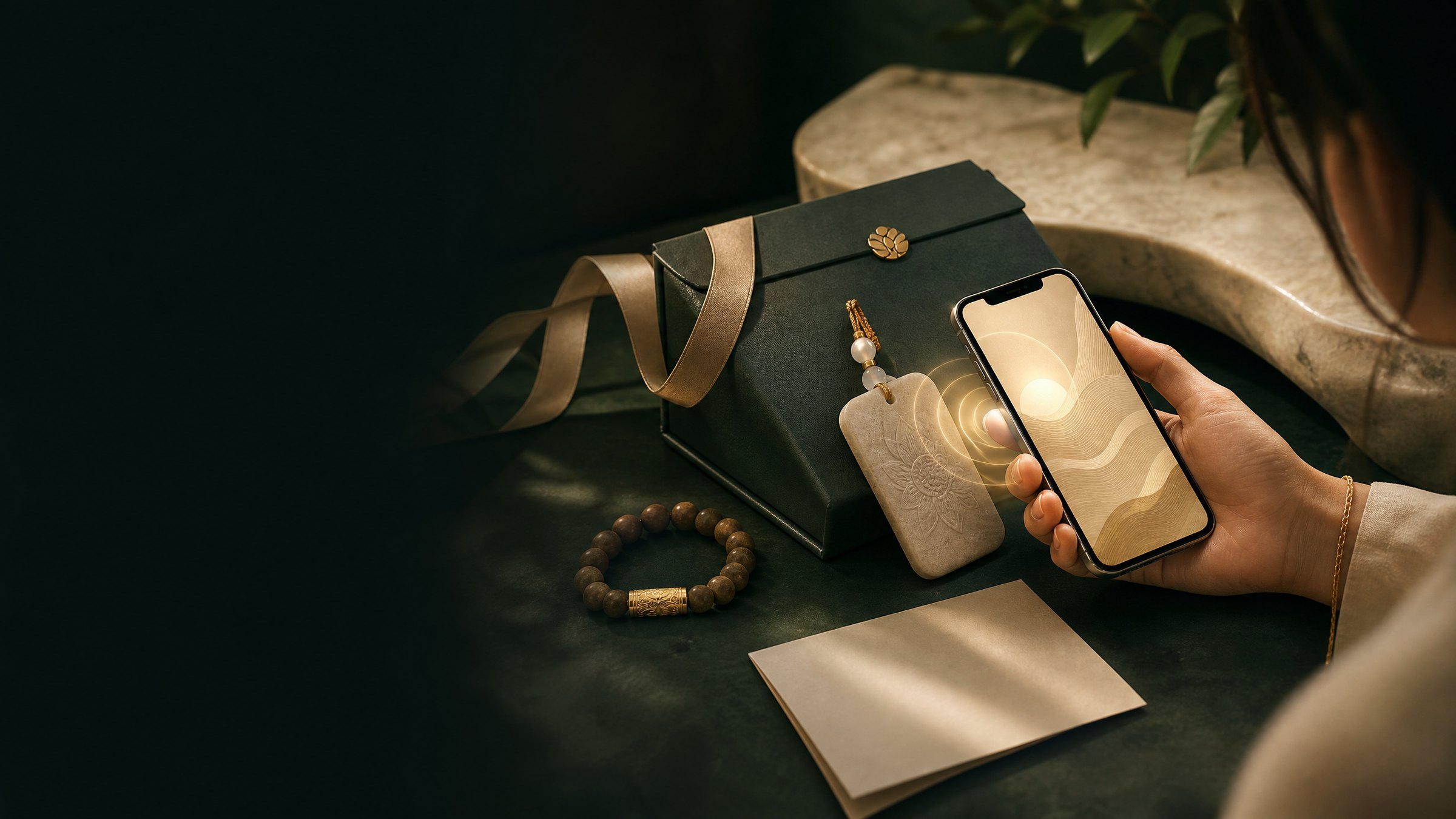 A phone held close to an NFC scent plaque beside a gift box.