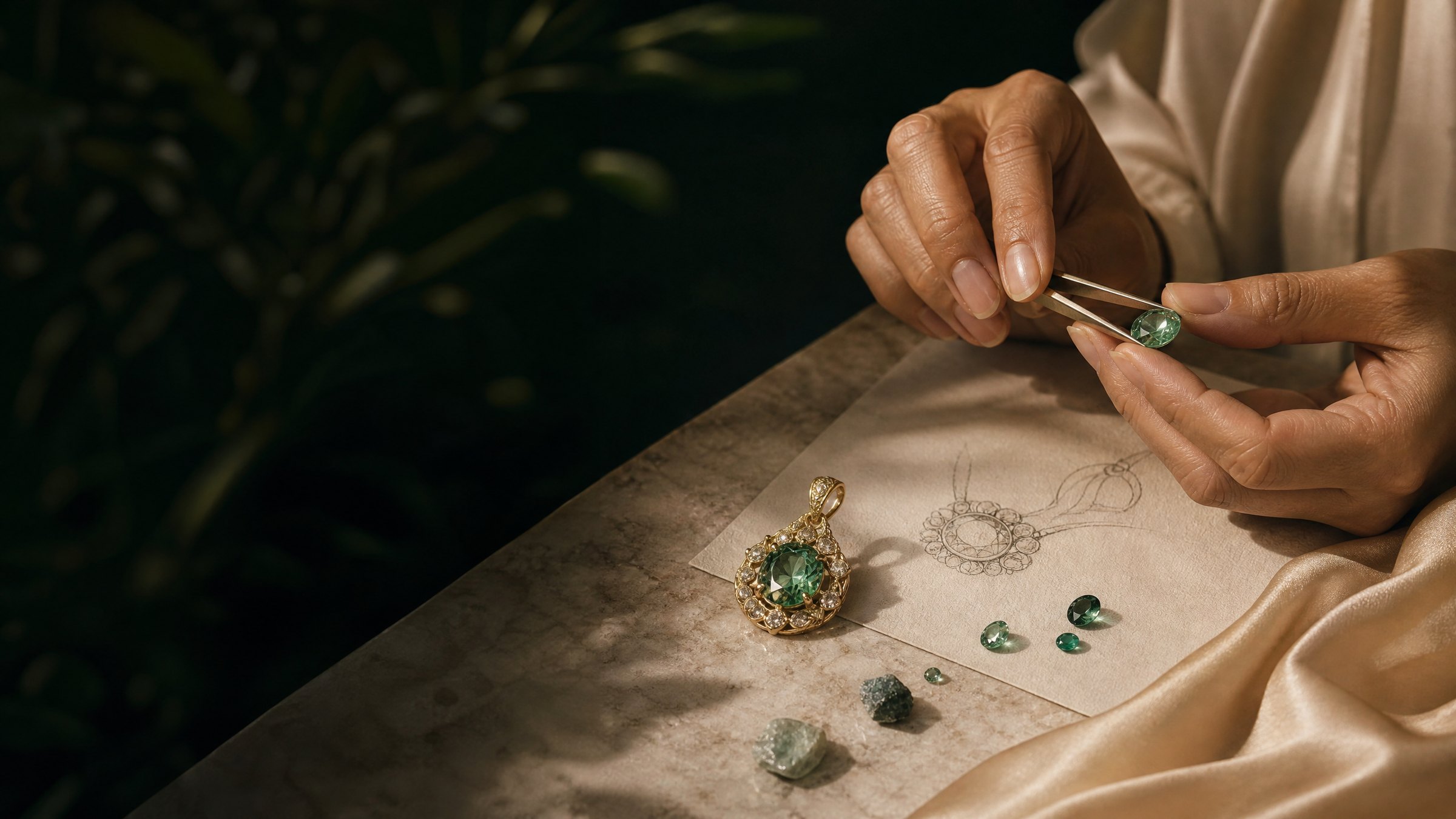 Artisan selecting a green gemstone above a bespoke jewellery drawing.